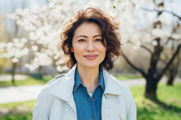 Middle aged Asian woman in spring blooming park