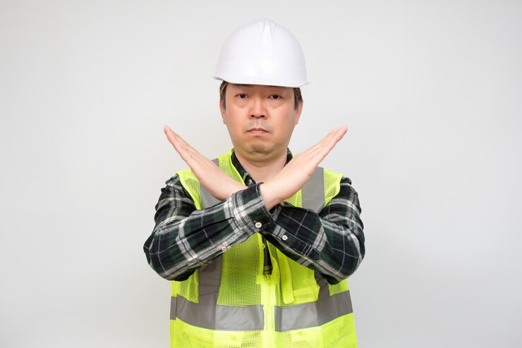 Photo 一名中年亞洲工人舉手表示不滿.