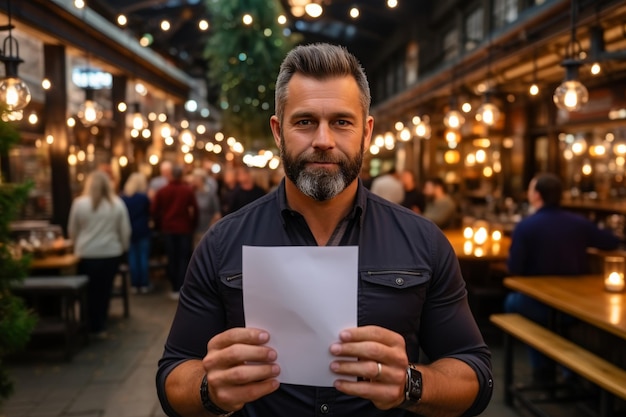 Middle aged bearded man holds a white mockup paper with copy space outdoor summer cafe