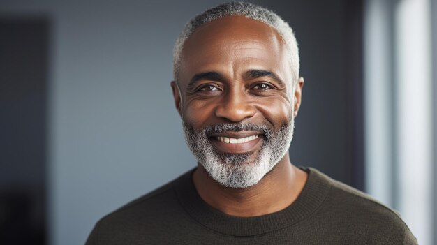 Middle aged black man smiling looking at camera closeup indoor portrait