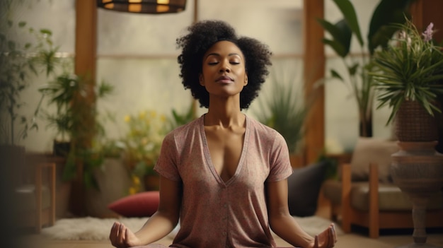 Middle Aged Black Woman Meditating at Home Relaxing Mindful Mental Health Meditation