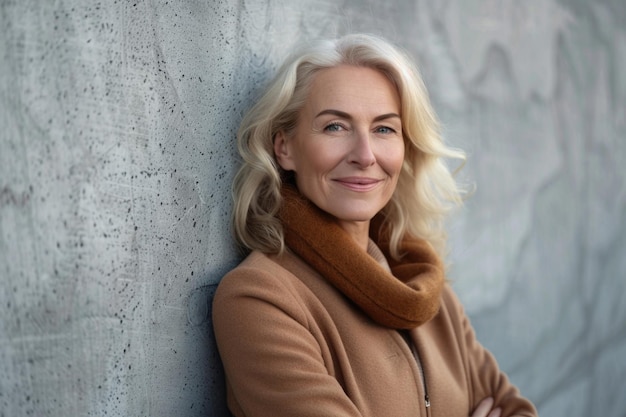 Middle aged blond woman with beautiful smile against receding wall