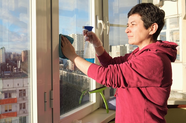 Middle aged brunette woman in rubber gloves washes window on the balcony in her apartment with rag