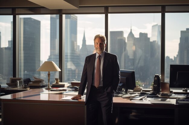 Photo middle aged businessman company executive standing in his office