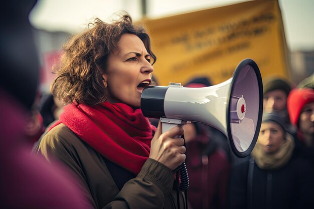 Белая женщина среднего возраста скандирует свои требования через мегафон во время демонстрации.