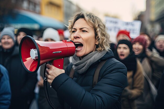 Женщина среднего возраста скандирует свои требования через мегафон во время демонстрации Портрет радикальной женщины вблизи На заднем плане толпа демонстрантов