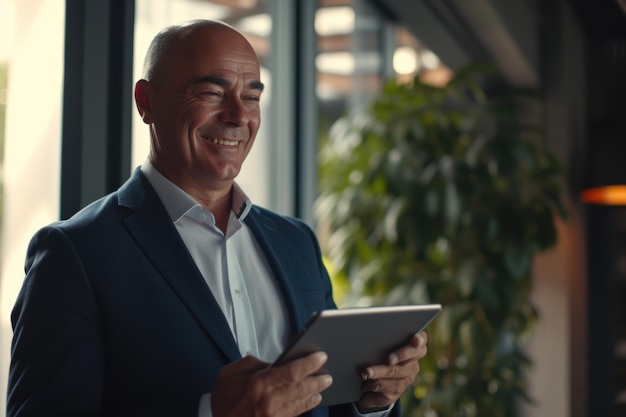 Photo middle aged ceo using digital tablet in office