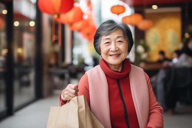中年中国人女性が屋外でテイクエイ食品のバッグを取っている