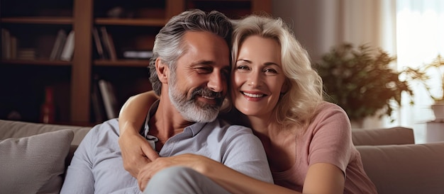 Middle aged couple on couch at home smiling and embracing enjoying weekend together in cozy living room