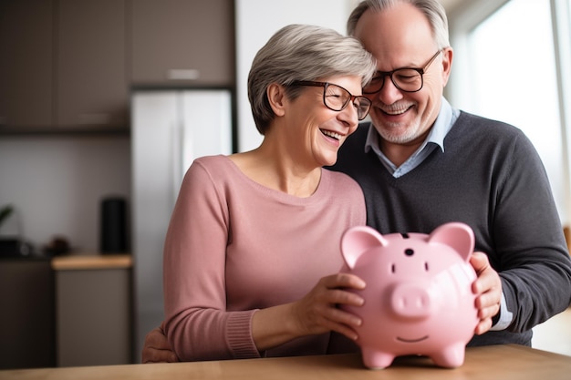 Photo middle aged couple at indoors holding a piggybank