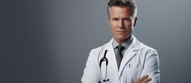 Middle aged doctor posing and looking at camera