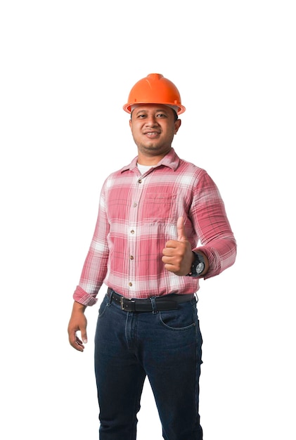 Middle aged engineer wearing blue helmet crossed arms standing isolated on white background