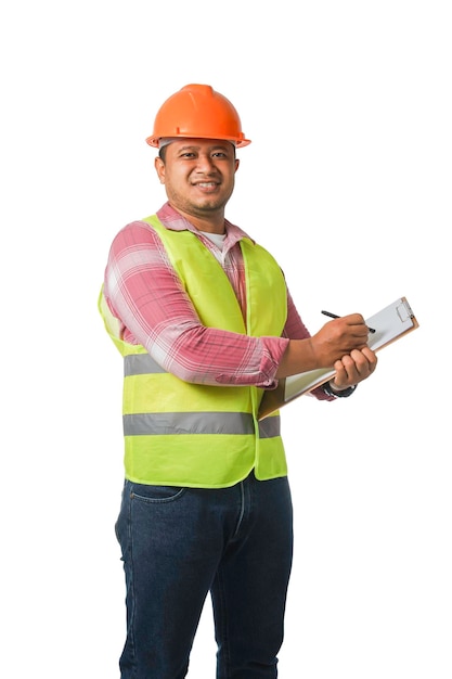 Middle aged engineer wearing blue helmet crossed arms standing isolated on white background