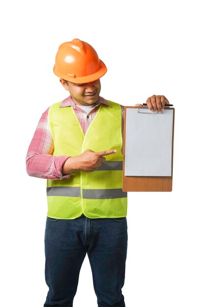 Middle aged engineer wearing blue helmet crossed arms standing isolated on white background