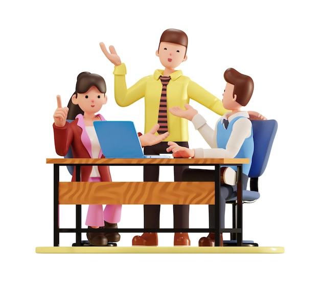 Middle aged executive manager explaining mentoring his female colleague at her desk