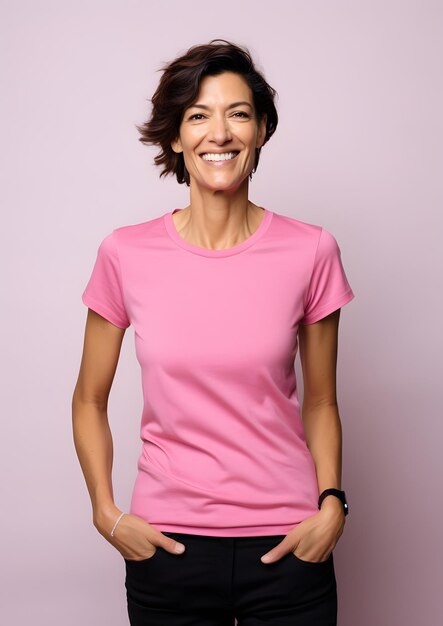 Photo middle aged female model wearing pink t shirt