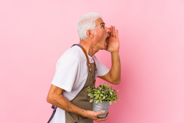 Middle aged gardener man isolated shouting and holding palm near opened mouth.