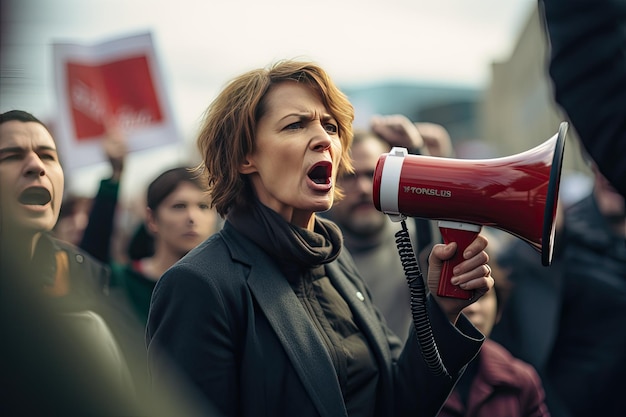 A middle aged german woman is chanting her demands through a megaphone during a demonstration Closeup portrait of a radicalized young caucasian woman Crowd of demonstrators on background