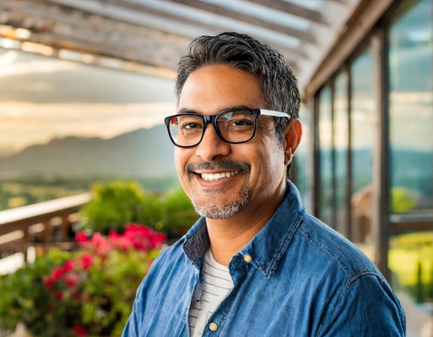 Middle aged guy with eyeglasses and blue shirt at modern home with mountain background