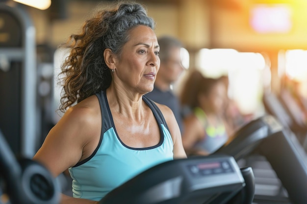 Middle aged hispanic woman running on treadmill in gym