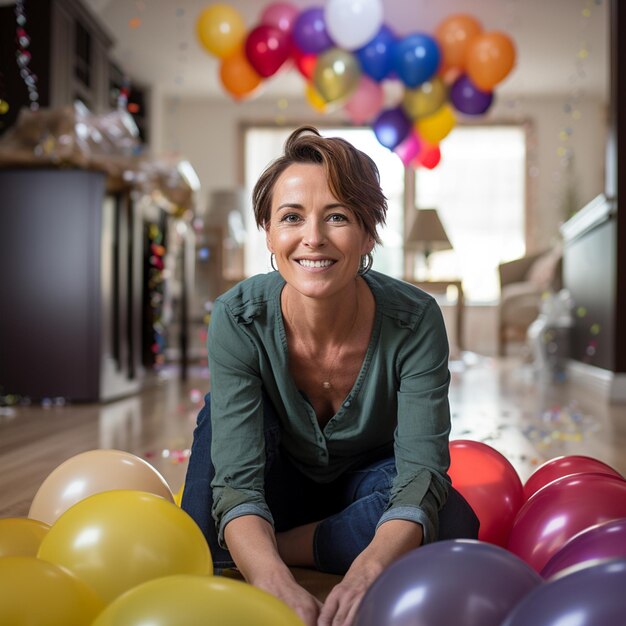 A middle aged home maker holding balloons