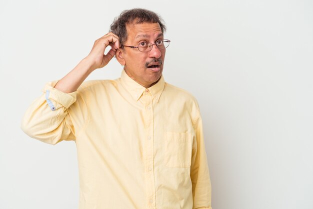 Middle aged indian man isolated on white background being shocked, she has remembered important meeting.