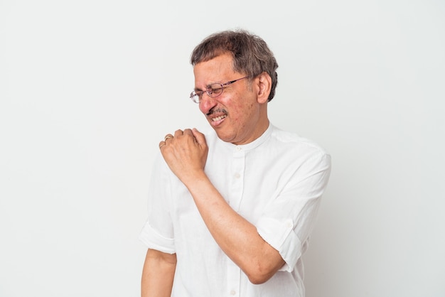 Middle aged indian man isolated on white background having a shoulder pain.