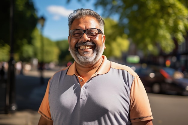 Middle aged Indian man smiling looking at camera closeup outdoor portrait