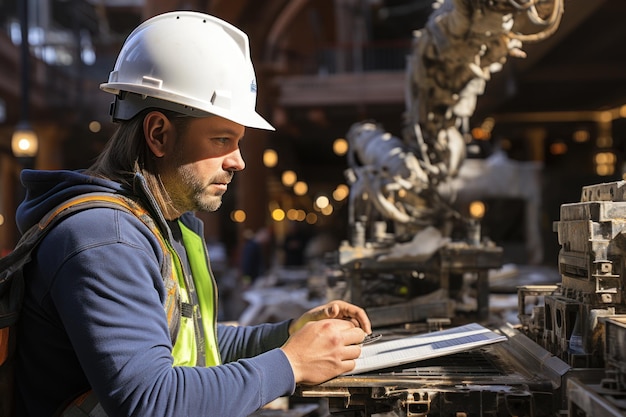 Photo middle aged male architect at a construction site while working with a digital tablet the foreman wears a helmet while working on a construction site successful and proud inspector