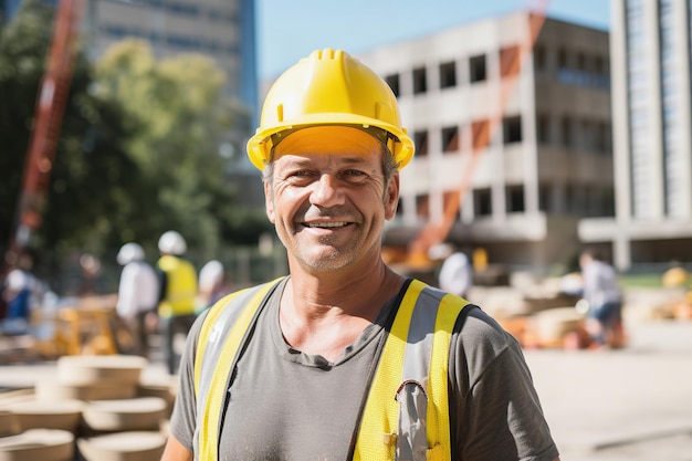 Middle aged male builder worker in hard hat man at construction site in safety helmet and work vest