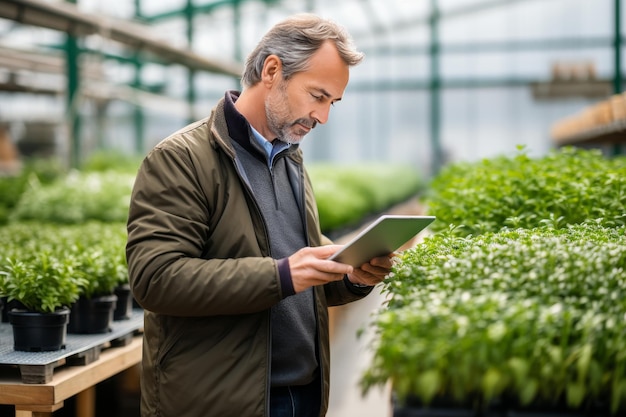 middle aged male farmer using digital tablet technology in green agricultural environment