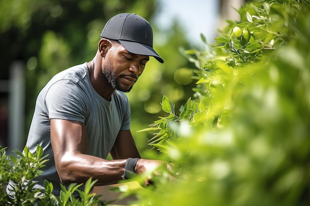 Middle aged male gardener brings order to garden by pulling weeds spoiling picture of flowerbeds