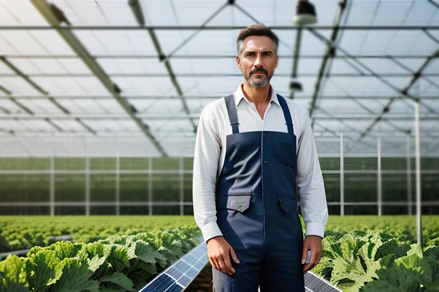 Foto agricoltore di mezza età impegnato nella coltivazione e nella raccolta di verdure biologiche