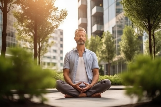 Middle aged man practicing yoga in urban park