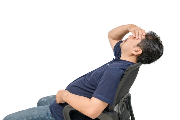 Middle-aged man sitting on chair and feeling stressed and headache isolated. Problem and health care concept.