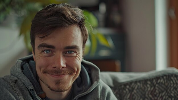 Middle aged man sitting indoor at home on couch