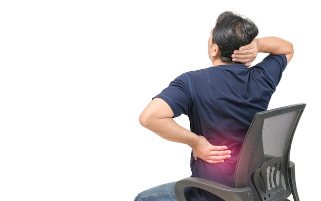 Middle aged man suffering from backache isolated on white background