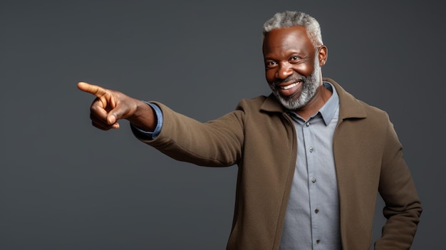 Middle aged man wearing casual clothes pointing with hand and finger to the side looking at the camera