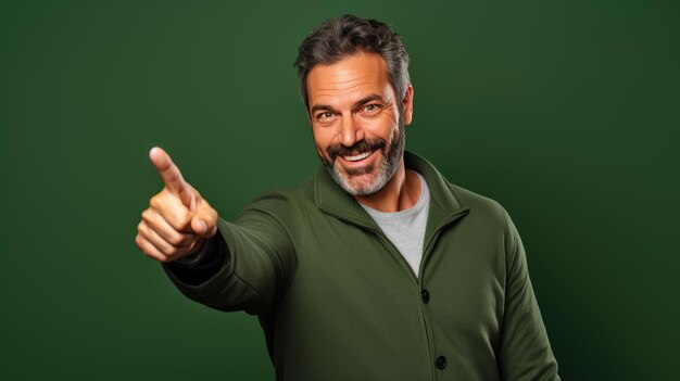 Middle aged man wearing casual clothes pointing with hand and finger to the side looking at the camera