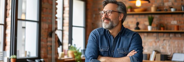 Middle aged man with grey hair and glasses in office setting with space for text placement