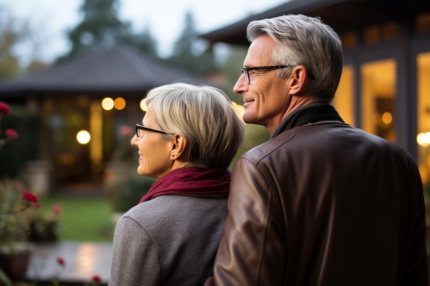 middle aged married Caucasian couple embracing near their house back view