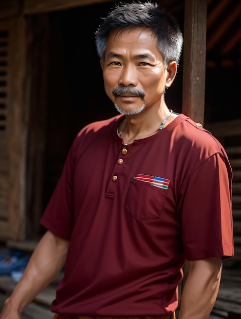 Middle Aged Muscular Handsome Asian Man Close Up Portrait Wearing Red Shirt