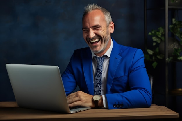 Middle aged professional business man wearing blue suit sitting at desk in office working on laptop
