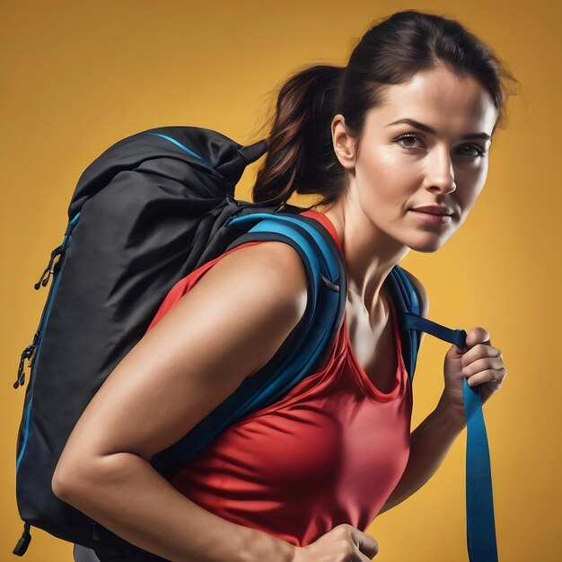 Middle aged sportswoman with gym backpack on yellow backdrop