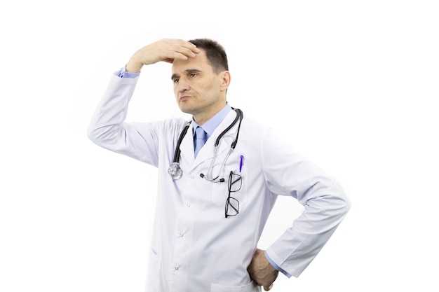 Middle aged surgeon wearing medical gown and stethoscope. Stress concept.