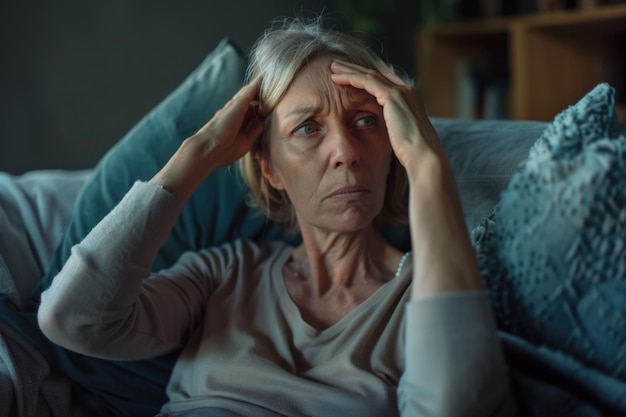 Photo middle aged woman alone at home lost in thoughts and suffering