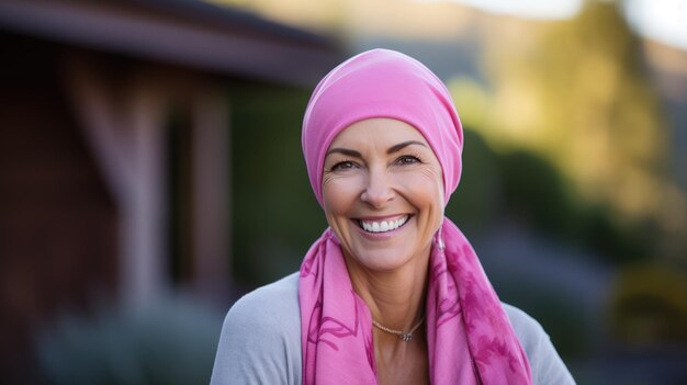 Photo middle aged woman cancer patient wearing headscarf and smiling background