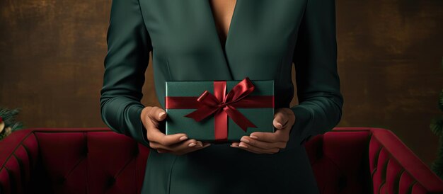 Photo middle aged woman in a coat gets holiday present in studio with room for text