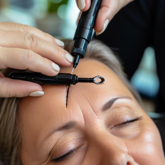 Photo middle aged woman does corrective eye makeup to correct the drooping eyelid ptosis is a drooping of