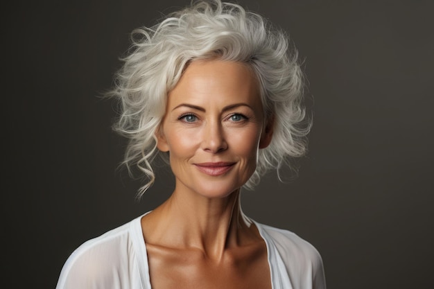 Middle aged woman looking at camera Happy mature woman portrait Aged female model with smile on her face and good skin Concept of self care and healthy lifestyle in old age